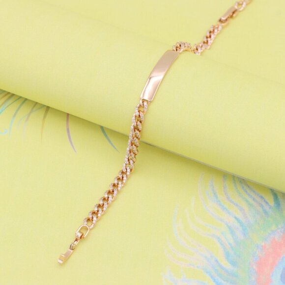 "Rose Gold Polished ID Bracelet with Pave Cuban Chain Design, XPBL0943 - Picture 2 of 11